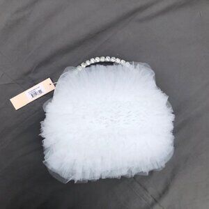 Jewel Badgley Mischka Ruffled White Tulle Handbag with Rhinestone Handle